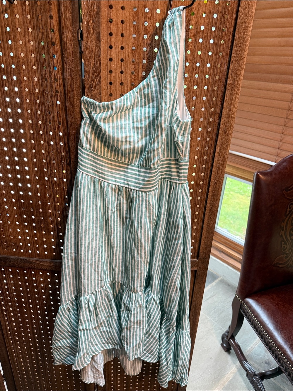 One-Shoulder Green Stripe Asymmetrical Dress